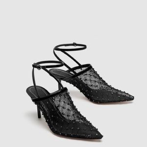 Zara Black Mesh Mid Heel Slingback Shoes